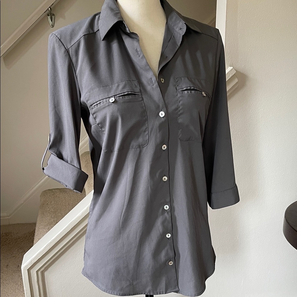 H&M Charcoal Button-Down 3/4 Sleeve  Dressy Shirt Top Size 6